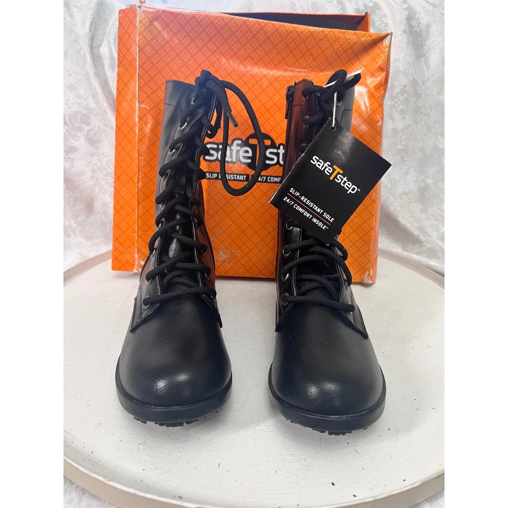 SafeTStep Brooke Black Combat Boots Slip Resistant Side Zip Womens 7W 161026